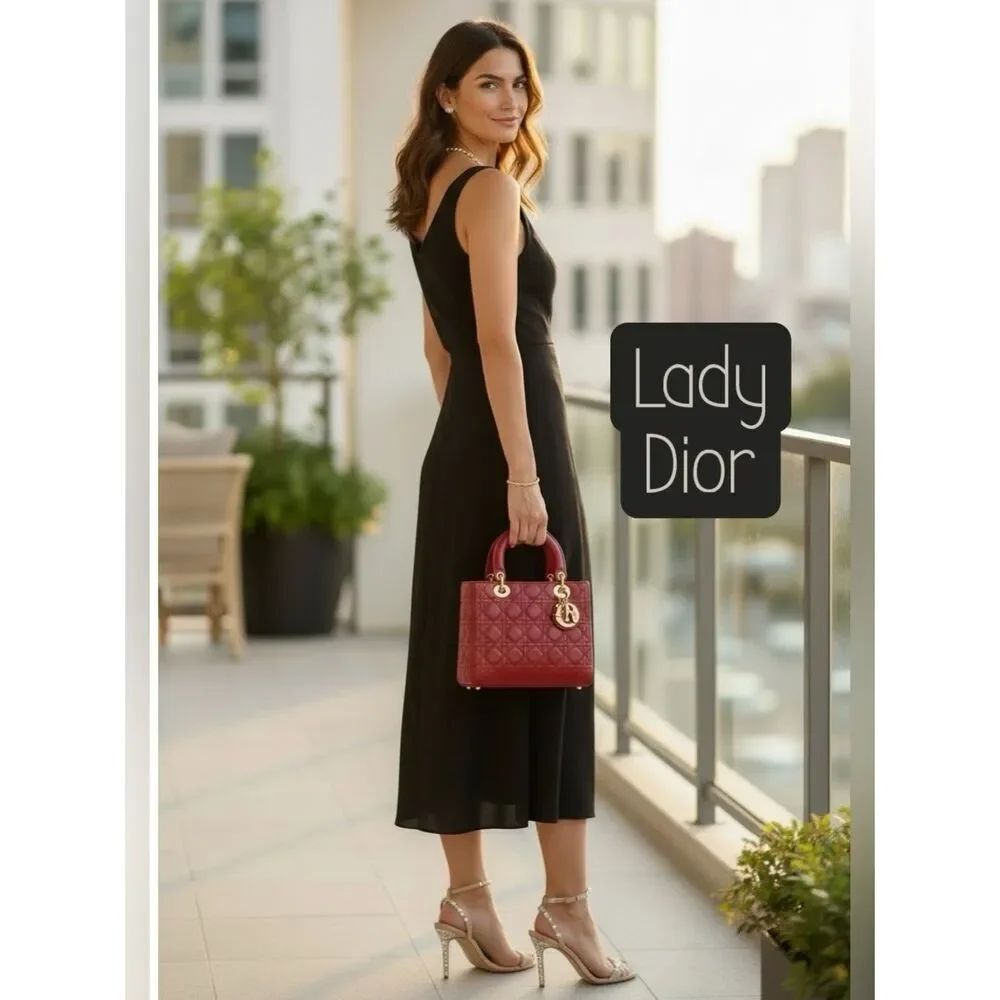 Christian Dior Red Quilted Canage Leather Lady Dior Medium Tote Auth